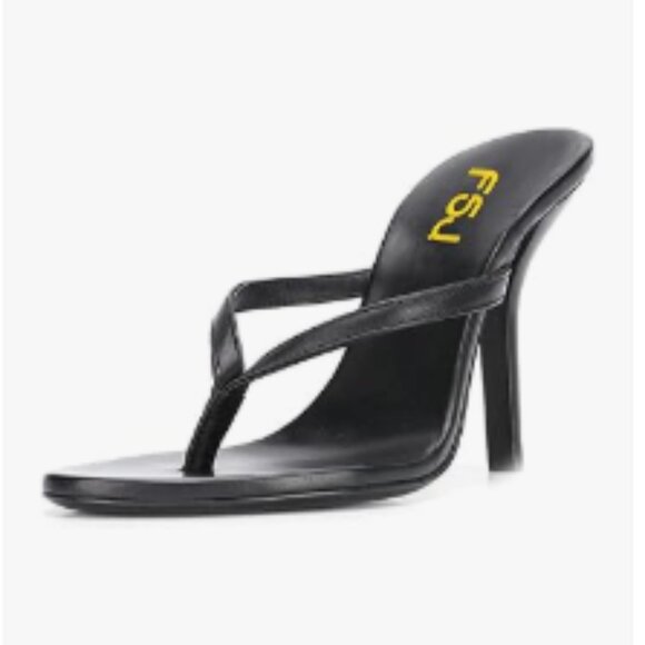 FSJ Black Thong Flip Flops Stiletto High Heels Slip On Almond Toe Casual Sandals - Picture 1 of 8